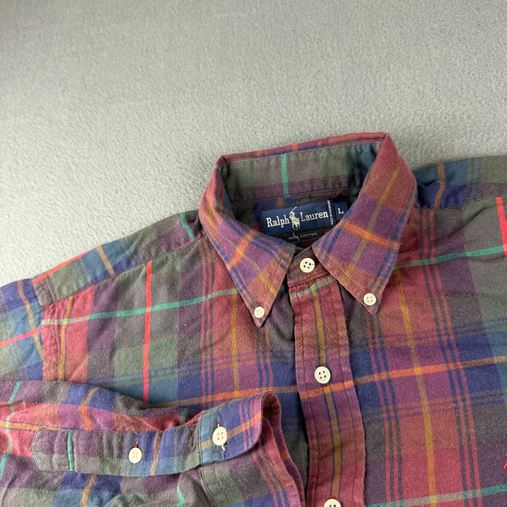 Polo Ralph Lauren Shirt Men's L Red Green Plaid Pony OCBD Preppy Vintage